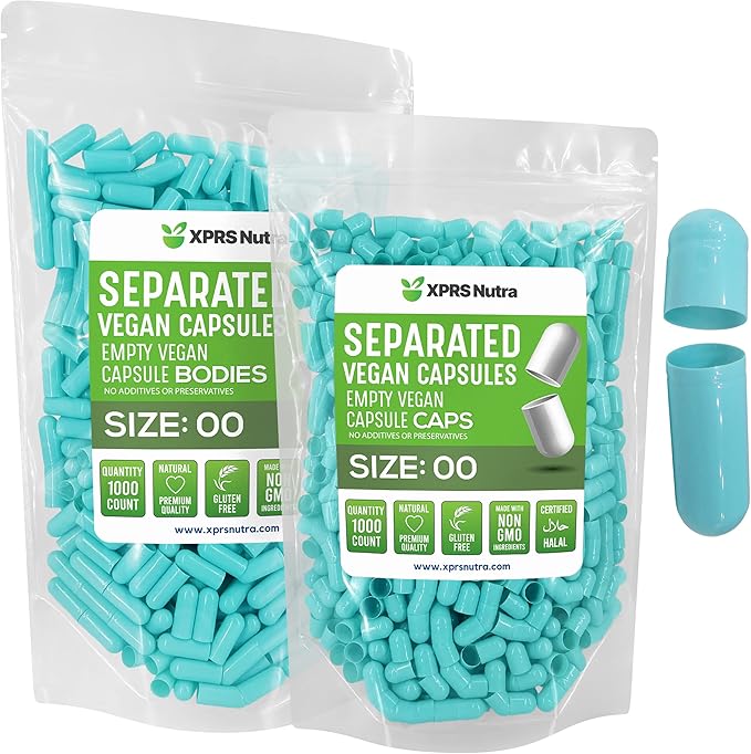 XPRS Nutra Vegan Size 00 Separated Capsules - 1000 Count Premium Empty Capsules Separated in Bags - Separated Empty 00 Capsules - Pill Capsules Empty for DIY Supplement Filling (Aqua)