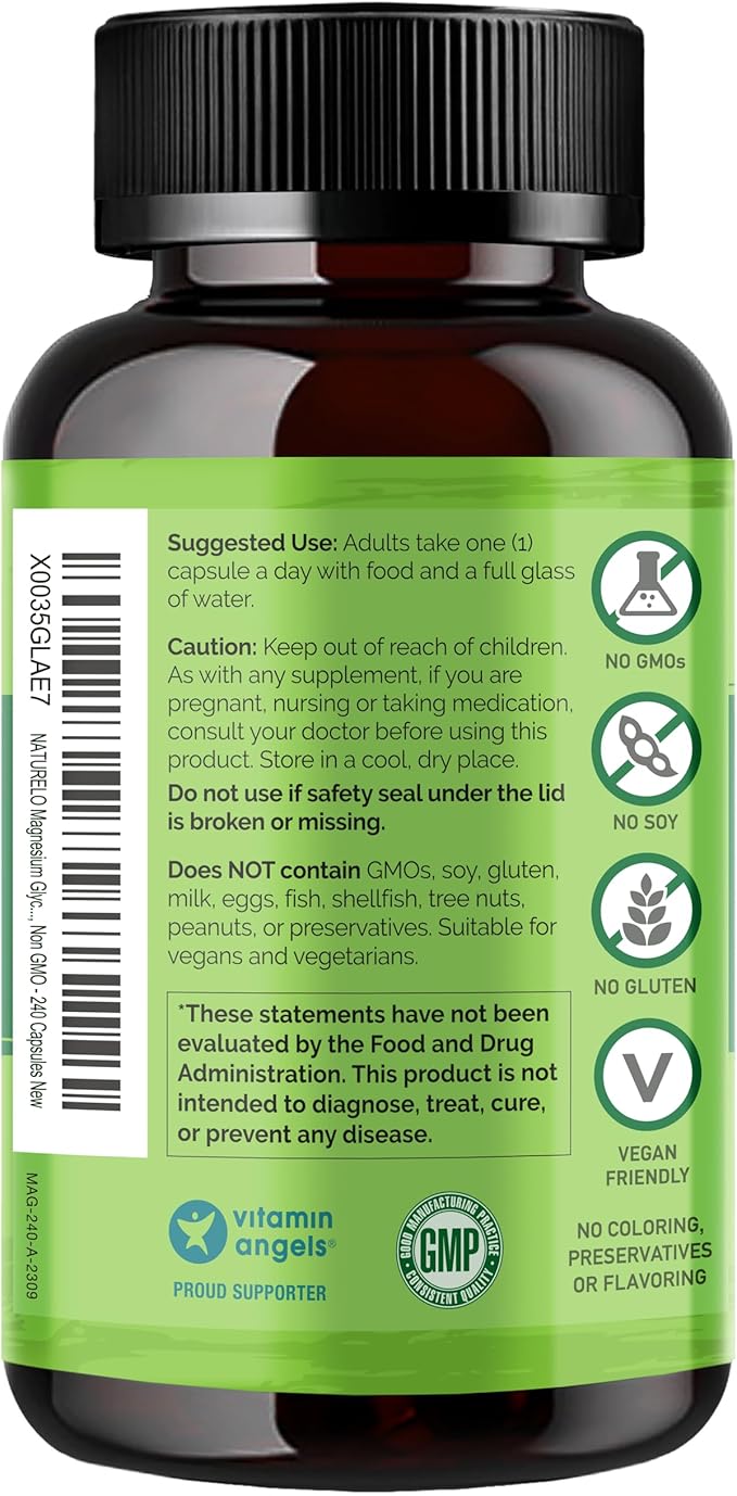 NATURELO Magnesium Glycinate Supplement 200 mg 240 Capsules
