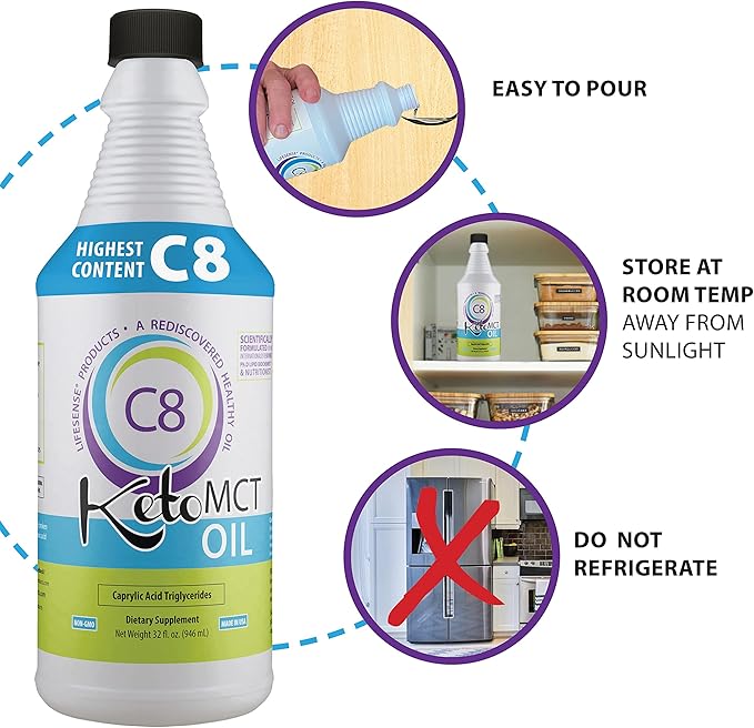 LIFESENSE C8 MCT Oil, Keto-Friendly, Sourced from Coconut Oil, Clinically Proven to Increase Ketone Production, Optimal Fuel for The Brain and Body, Made in USA by PhD Nutrition, 32 oz