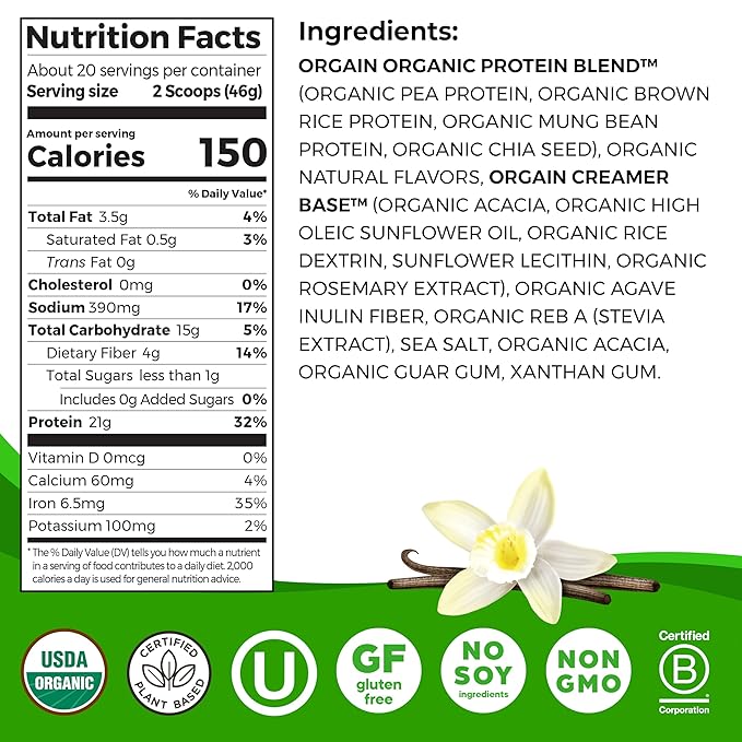 Orgain Organic Vegan Protein Powder, Vanilla Bean 21g Plant 4g Prebiotic 2.03 lb