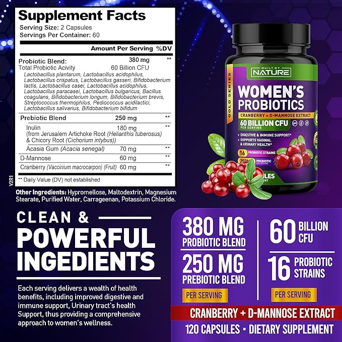 Probiotics for Women - 60 Billion CFUs, 16 Strains, with Cranberry, D-Mannose & Prebiotics - Supports Digestive, Immune, & Vaginal Health - Non-GMO, Dairy & Gluten-Free - 120 Veggie Capsules