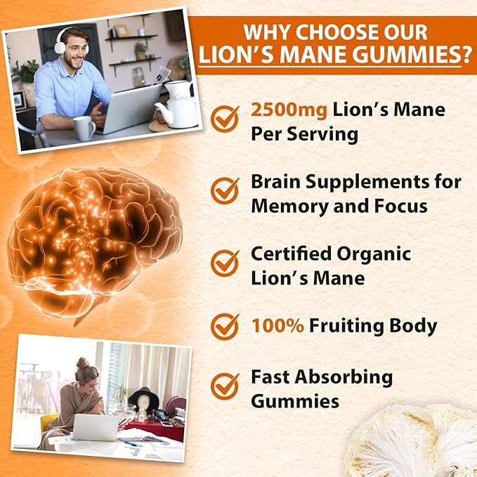 Lions Mane Gummies, Lions Mane Extract to 2500mg, Mushroom Gummies for Adults, Immune & Relaxation, with Lions Mane, Ashwagandha & B12, 240 Gummies