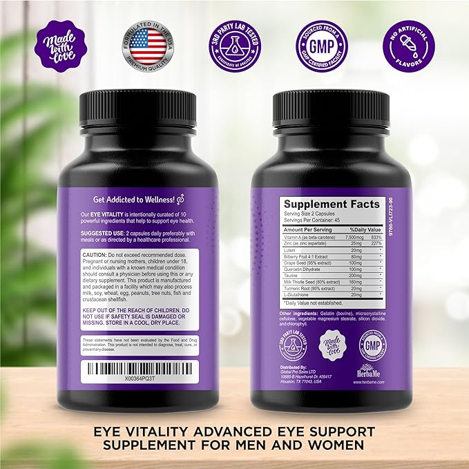 Eye Vitamins Supplement with Lutein, Bilberry, 90 Capsules,