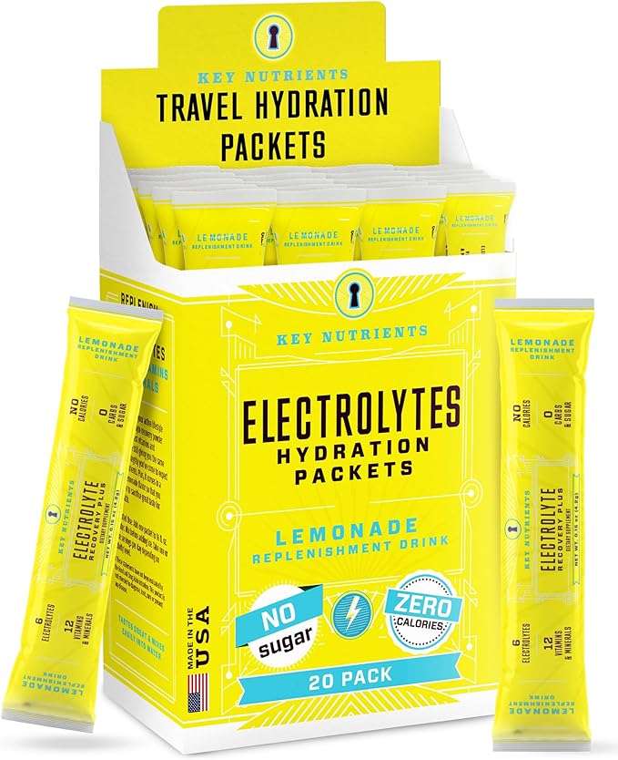KEY NUTRIENTS Electrolytes Powder Packets - Refreshing Lemonade 20 Pack Hydration Packets - Travel Hydration Powder - Made in USA - No Sugar, No Calories, Gluten Free