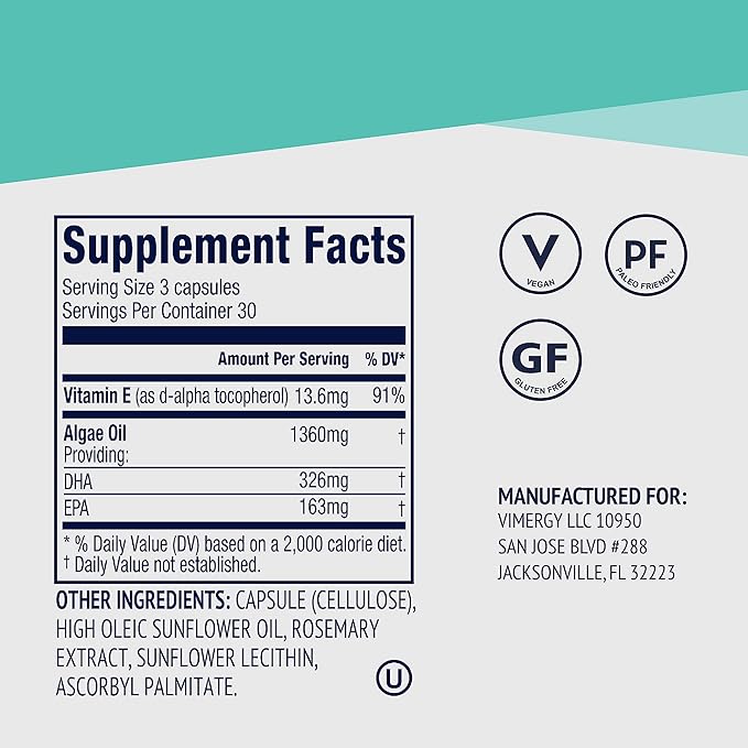 Vimergy Vegan EPA/DHA, 30 Servings –Algal 3 Fatty (90 Count)