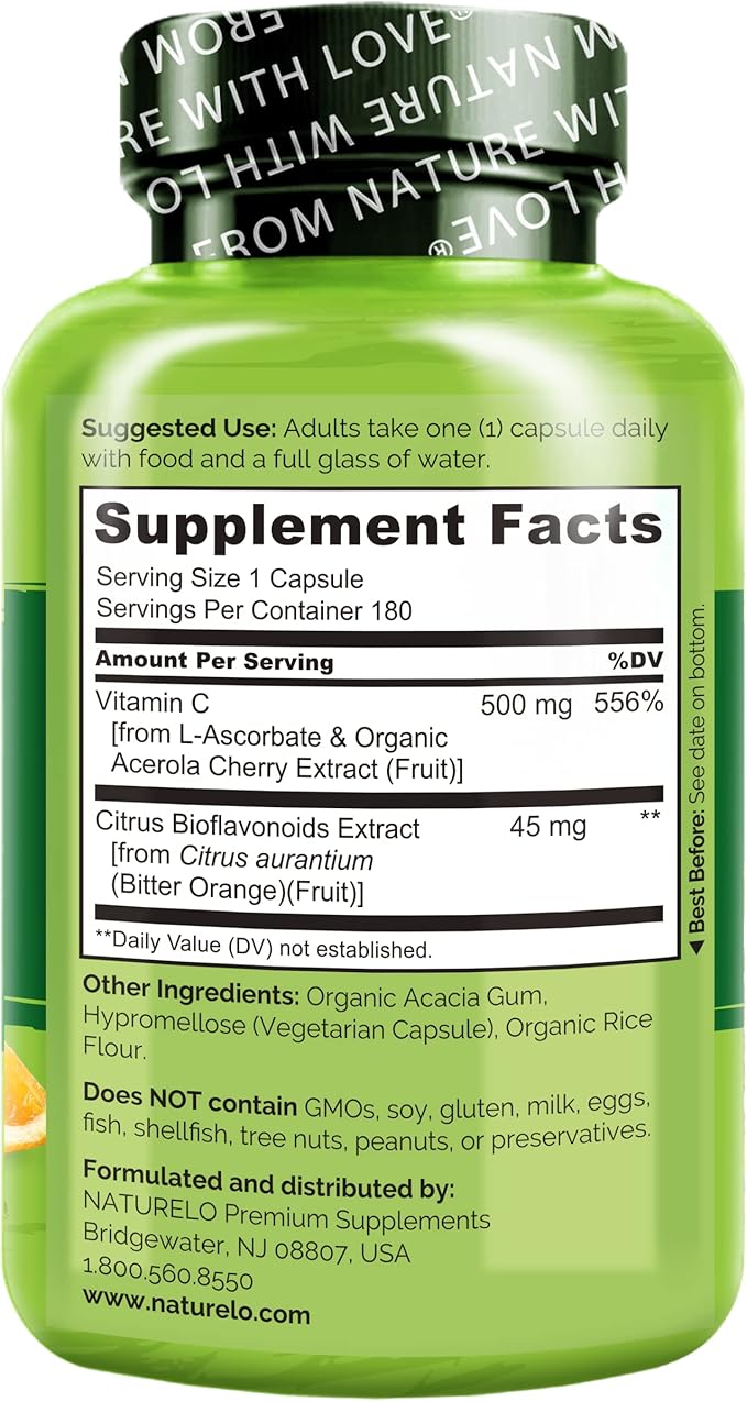 NATURELO Vitamin C with Organic Acerola 500 mg 180 Capsules