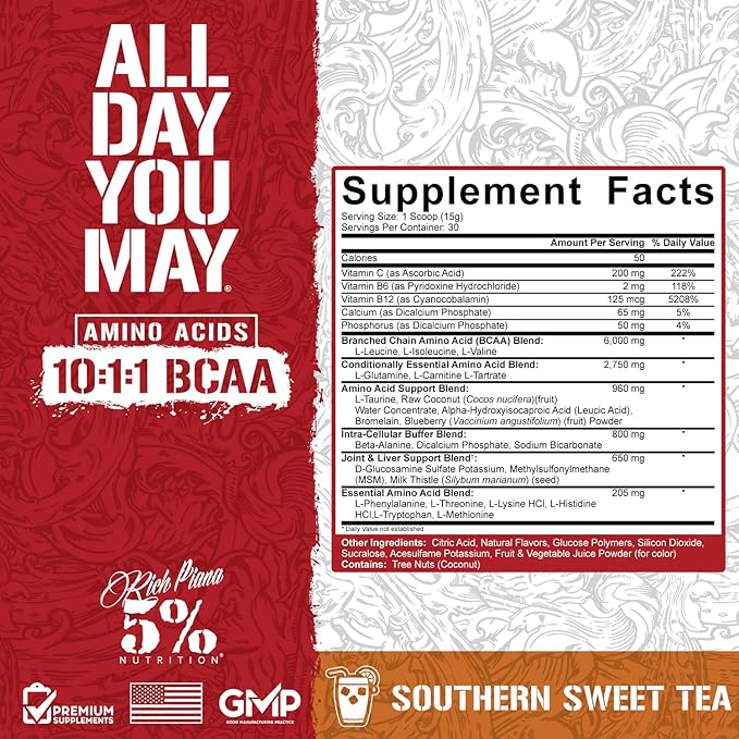 5% Nutrition Rich Piana AllDayYouMay BCAA Powder | Premium Intra & Post Workout Amino Acids, Hydration, Endurance, Muscle Recovery, Joint & Liver Support | 16.3 oz, 30 Servings (Southern Sweet Tea)