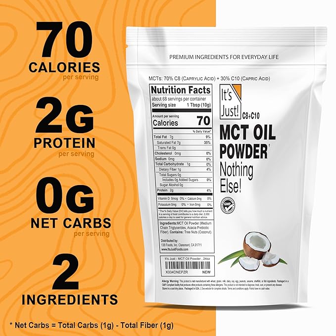 It's Just - MCT Oil Powder w/Prebiotic Fiber (1.5lbs) 70% C8 + 30% C10, Fast Fuel for Body & Brain Health, Keto Coffee Creamer, Non-GMO, 24oz