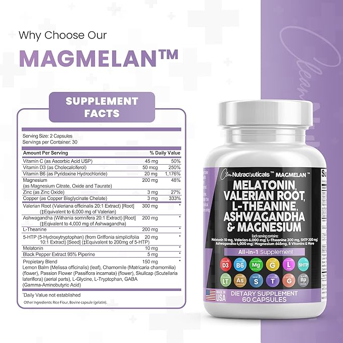 Clean Nutraceuticals Melatonin 10mg Valerian Root 6000mg L 200mg Ashwagandha 4000mg - 60 Caps