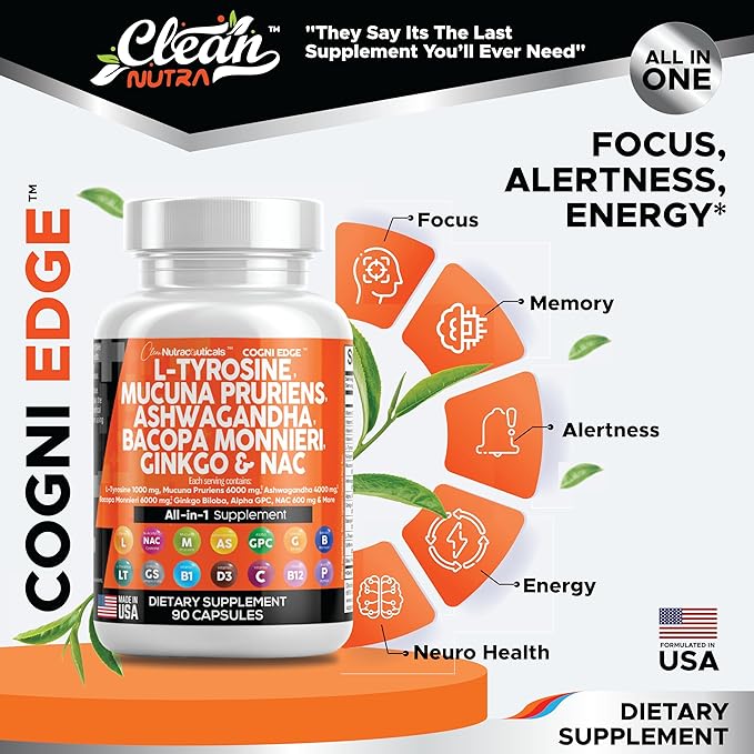 Clean Nutraceuticals L Tyrosine 1000mg Mucuna 6000mg Bacopa 500mg Ashwagandha 4000mg Focus 600mg NAC 5-HTP Ginkgo B1 B12 B12