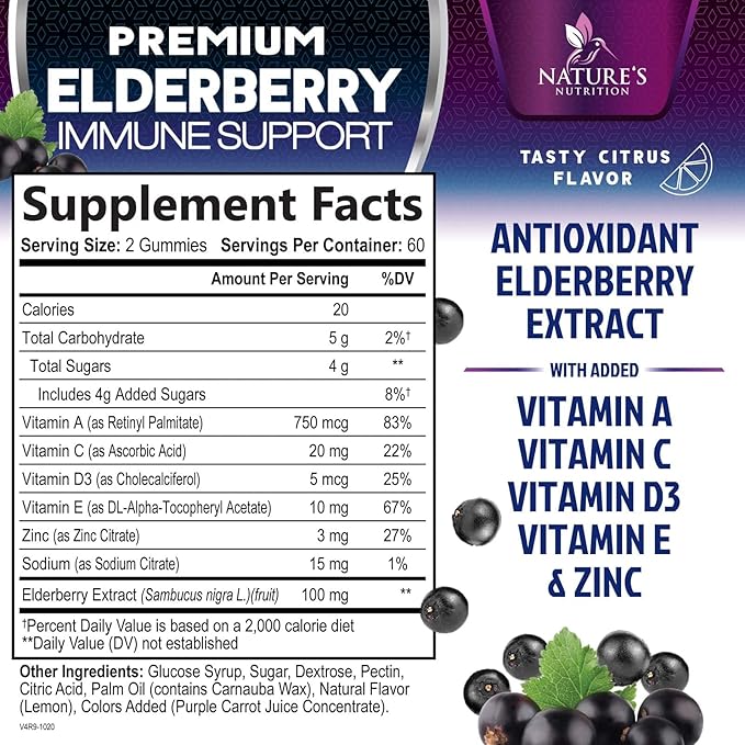 Immune Support Gummies - Powerful Sambucus Elderberry Gummies with Elderberry Extract, Zinc & Vitamin C Gummy, Max Potency Natural Vegan Immune Support Supplement for Adults & Children - 120 Gummies