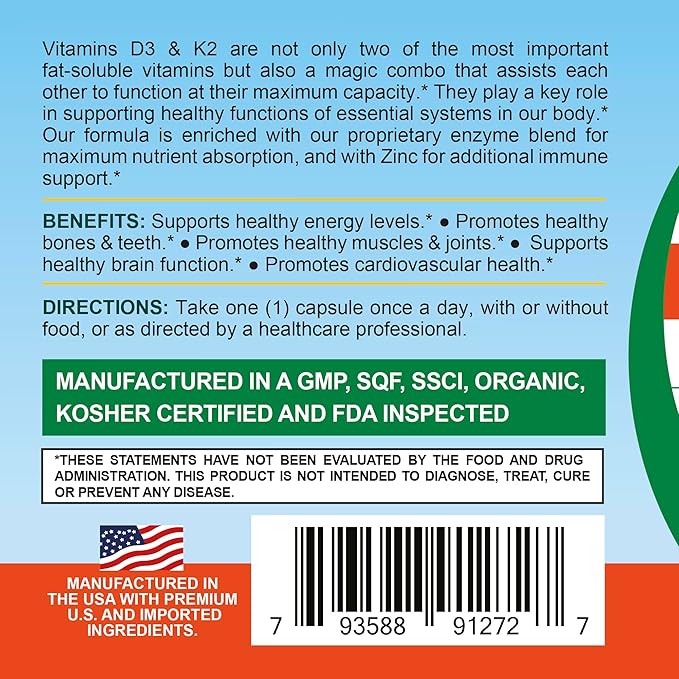 Life Infused Vitamin D3 + K2 Supercharged with Zinc and Enzymes, Help Maintain Healthy Immune System, Bone Health, Emotional Wellbeing, 90 Capsules.