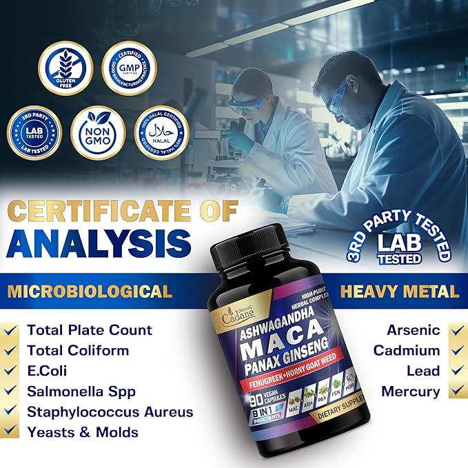 Organic Cadane Maca Root 9000mg Ashwagandha 900mg Panax 450mg Supplement 90 Capsules 3 Months