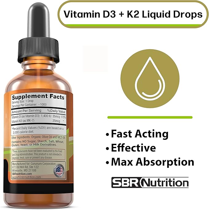 MAX Absorption, Vitamin D3 + K2 (MK-7) Liquid Drops with MCT Oil, Unflavored, Helps Support Strong Bones and Healthy Heart