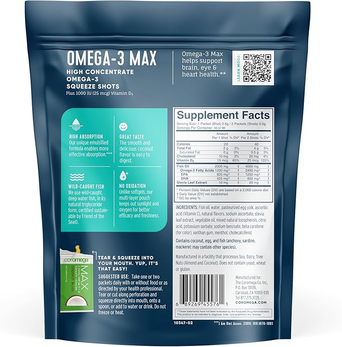 Coromega MAX High Concentrate Omega 3 2400mg Omega-3s Omega-3s with 3X Better 90 Single