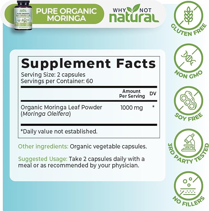 Why Not Natural Organic Moringa Capsules - Green superfood Powder Supplement Pills - Maringa