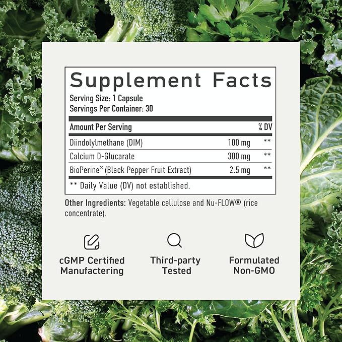 DIM Supplement with Calcium D-Glucarate for Estrogen & Hormone Balance for Women & Men | Detox & Cleanse, Hormonal Acne, Menopause & CDG for Liver Support | Non-GMO, Third-Party Tested | 30ct, White