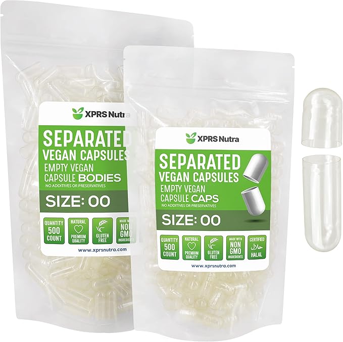 XPRS Nutra Vegan Size 00 Separated Capsules - 500 Count Premium Empty Capsules Separated in Bags - Clear Empty Capsules - Separated Empty 00 Capsules - Pill Capsules Empty for DIY Supplement Filling