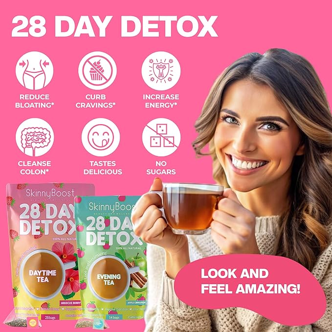 SkinnyBoost 28 Day Detox Tea Kit-1 Daytime Hibiscus (28 Bags) 1 Evening Apple Cinnamon(14 Bags) Non GMO, Vegan, All Natural, Green Tea and Herbal Teas for Natural Detox and Cleanse, Reduce Bloating