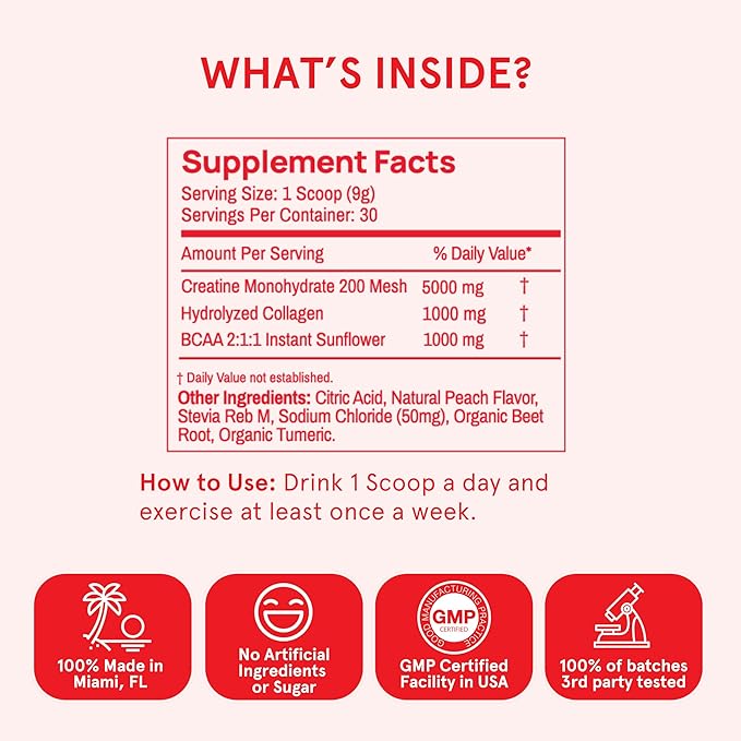 Creatine Monohydrate Powder, Glute Builder Creatine for Women with Collagen, BCAAs, 5g Vegan Micronized Creatine per Serving, for Energy, Muscle Support, 30 SVG, Peach Flavor
