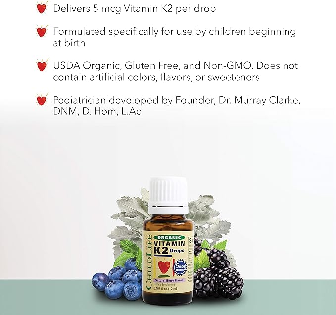 CHILDLIFE Essentials Organic Vitamin K2 Drops - Infant Toddler Baby Vitamin K, K2 Supplement, Vitamin K2 MK7, Liquid K2, Vitamin K Drops - Natural Berry Flavor, 0.25 Fl Oz (Pack of 1)