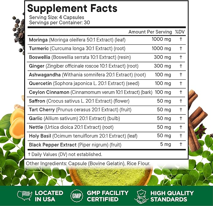 Turmeric Moringa Supplement | Ginger, Boswellia, Saffron, Holy Basil- Joint Support Supplement for Women and Men with Ceylon Cinnamon, Quercetin, Tart Cherry- 120 Count
