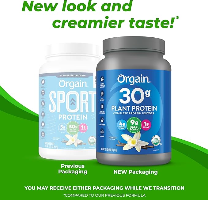 Orgain Organic 30g Vegan Protein Powder, 9g EAAs+BCAAs, 4g Prebiotic 1g Sugar, 2.01lb (Packaging