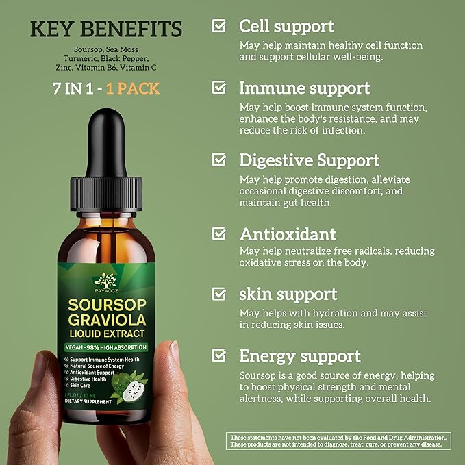 (1 Pack) Soursop Liquid Drops Plus Sea Moss Extract, Graviola Soursop Bitters Liquid Extract for Cell Support & Regeneration, Immune Boost, Liver and Sleep, Soursop Oil Herbal Goodness, 1 Fl Oz