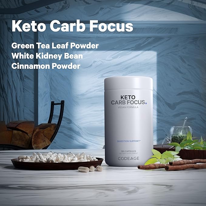 Codeage Keto Carb, White Kidney Bean, Green Tea & Cinnamon Bark Supplement, Triple Action Keto Cheat Vegan Pills, Ketogenic, Low Carb Diet Sugar, 3 Months Supply, Non-GMO, Gluten-Free, 180 Capsules