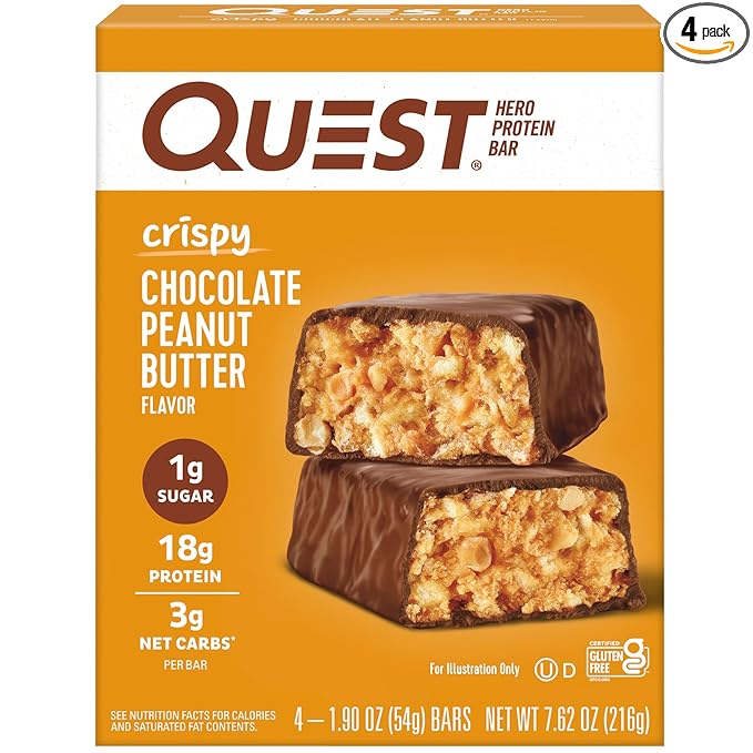 Quest Nutrition Crispy Chocolate Peanut Butter Hero Protein Bar, 18g Protein, 1g Sugar, 3g Net Carb, Gluten Free Protein Snack, Keto Friendly, 4 Count