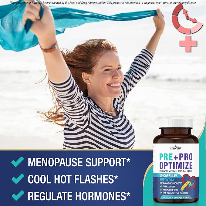 NEW AGE Pro Optimize Probiotics for Women, Menopause, Digestive Health - Relief for Bloating, Hot Flashes, Joint Support, Night Sweats - Gut Health & Metabolism - Dong Quai (60 (Pack of 1))