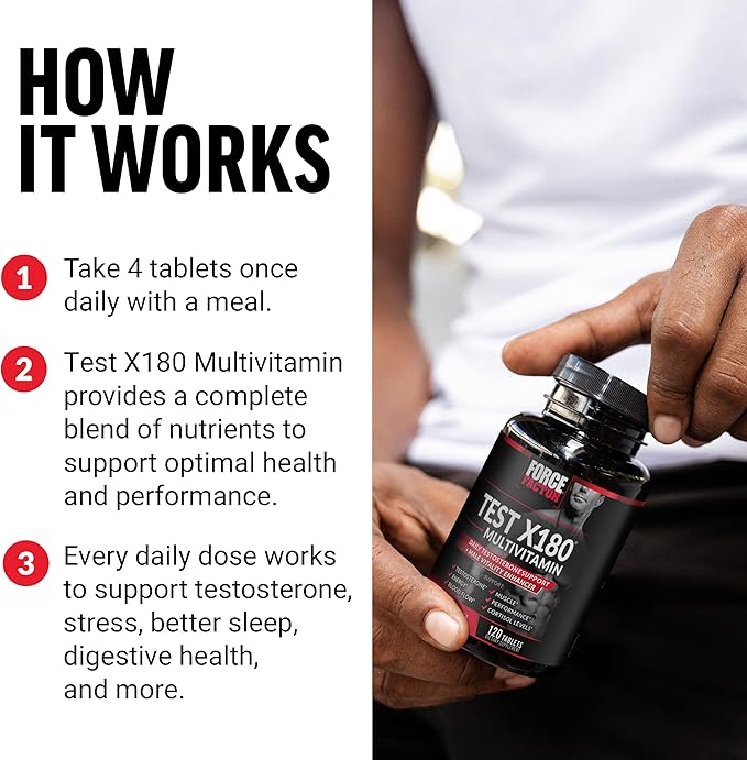 FORCE FACTOR Test X180 Multivitamin for Men Plus Testosterone Support with All 13 Essential Vitamins, for Muscle, Strength, Men’s Health, and Performance, Daily Multivitamin for Adults, 120 Tablets