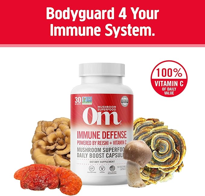 Om Mushroom Superfood Immune Defense Mushroom Capsules Superfood Supplement, 90 Count, 30 Days, Mushroom Blend, Reishi, Turkey Tail, Maitake, Agaricus Blazei, Vitamin C, Vegan