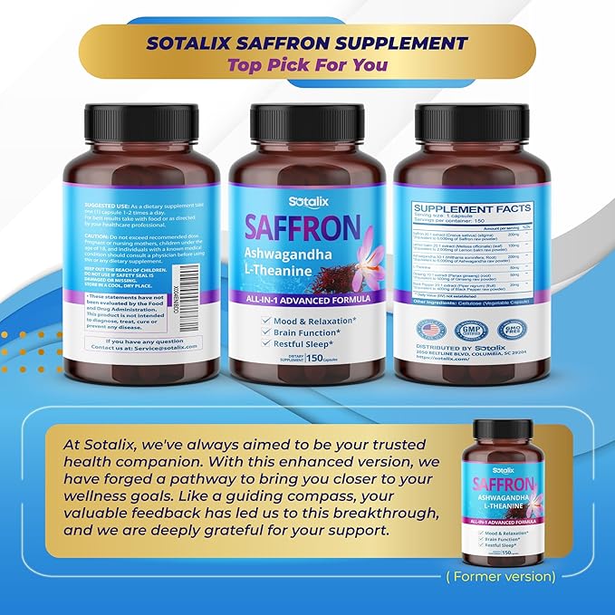 Saffron 14,950mg with Ashwagandha, Ginseng, L-Theanine, Relaxation, Restore - USA Made & Tested (150-day Supply (Pack of 1))