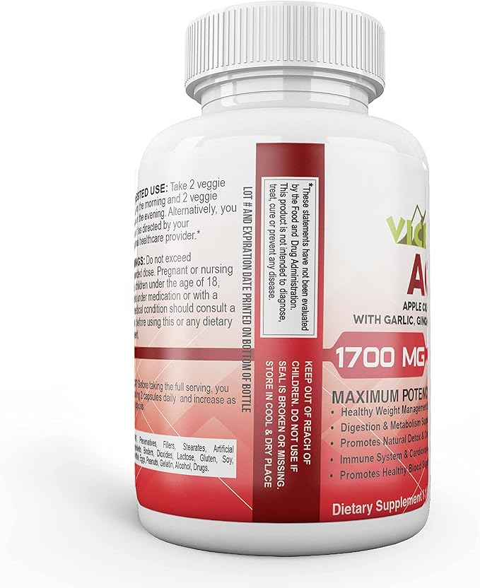 Vicksson Apple Cider Vinegar Pills 1700 mg of ACV with Garlic, Ginger, Lemon & Honey for Weight, Detox, Cleanse, Appetite, Bloating, Metabolism & Immune Support | 120 Capsules