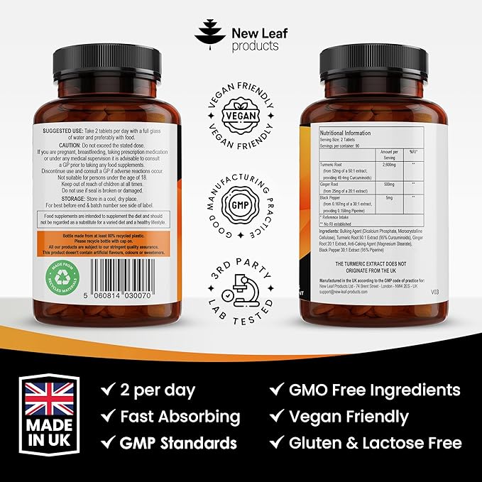 Turmeric Tablets 2600mg with Black Pepper 95% Curcumin 180 and (3 Month)