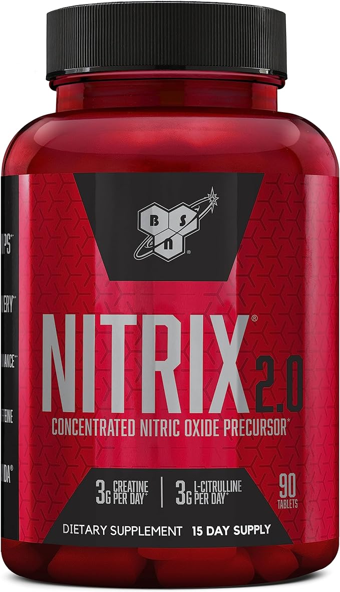 BSN NITRIX 2.0 - Nitric Oxide Precursors, 3g Creatine, 3g L Citrulline - Supports Workout Performance, Pumps, Muscle Recovery and Endurance - 90 Tablets