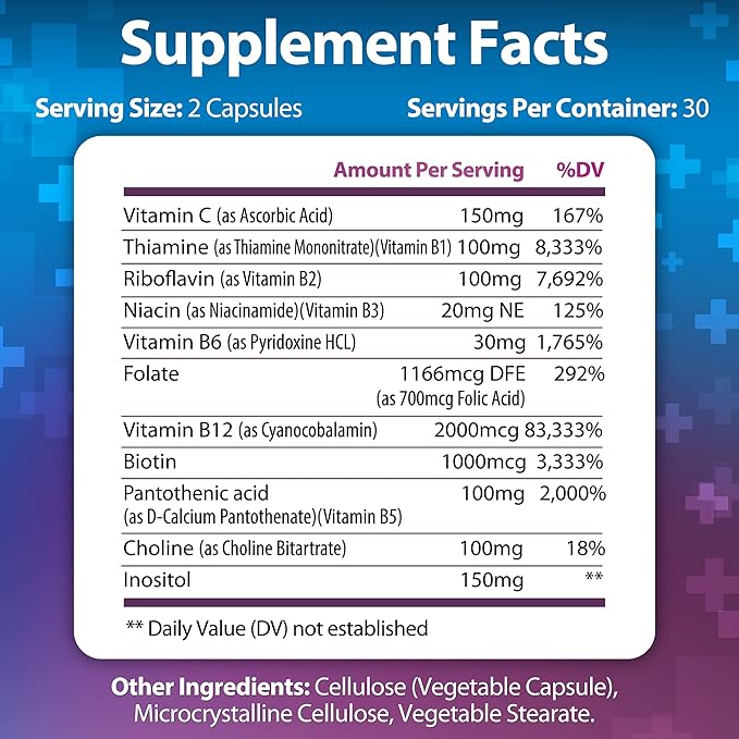 Vitamin B Complex B1, B2, B2, B3, B3, B5, B5, B6, B6, B7, B7, B9, B9, B12, B12, Folic B-100 Supplement 60 Capsules