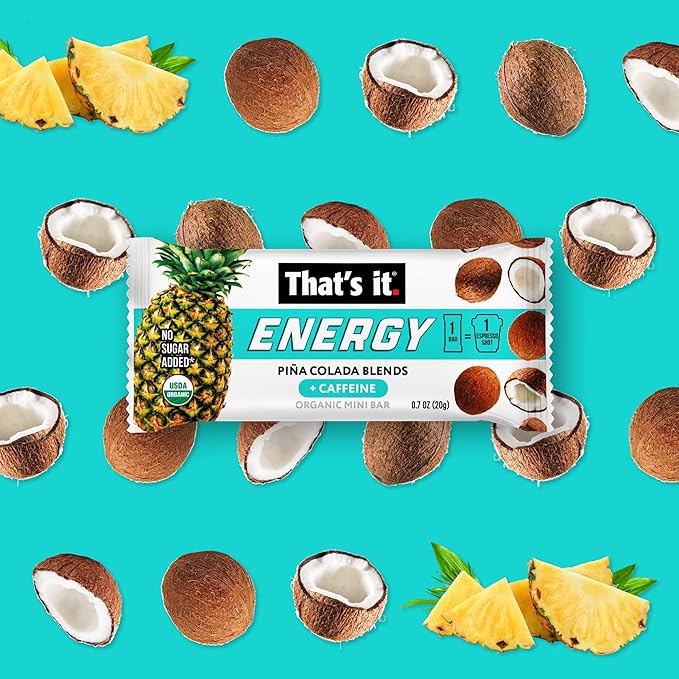 That's it. Piña Colada Caffeine Blends Energy Mini Bars Pineapple Coconut (15 Count) Allergy-Friendly, non-GMO, Gluten Free Snacks