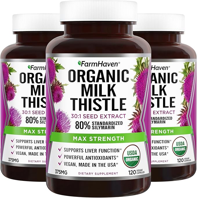 FarmHaven USDA Organic Milk Thistle Capsules 30X Concentrated 80% Silymarin 360 Vegan