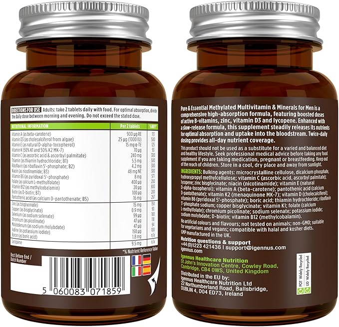 Igennus Methylated Men's Multivitamin, MTHFR Supplement with Active B-Vitamins, 21 Highly Bioavailable Nutrients, Multivitamin for Sustained Release, Clean Label, Non-GMO & Halal 180 Tablets
