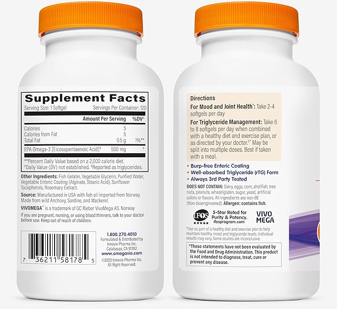 OmegaVia EPA 500, Purified Omega 3 500 mg 5-Star, 120 120 ct
