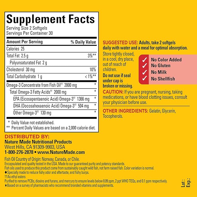 Nature Made Extra Strength Omega 3 2800 mg 3 Supplement 60 Softgels, 30 Day