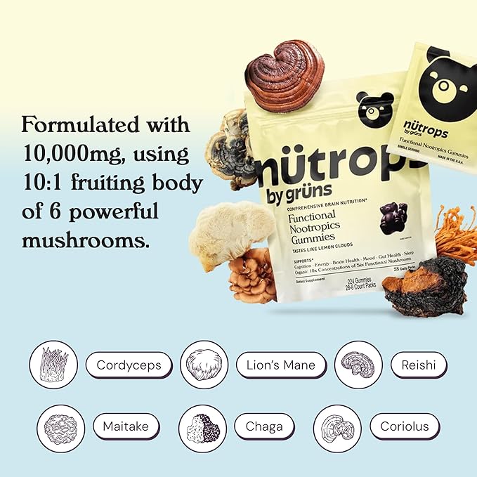 Nutrops Functional Nootropics Mushroom Gummies for adult, Herbal Brain Supplement Gummy, Energy, Brain Health, Cognitive Support, Focus - Lions Mane, Reishi, Chaga, Cordyceps, Coriolus Blend, 28 serve