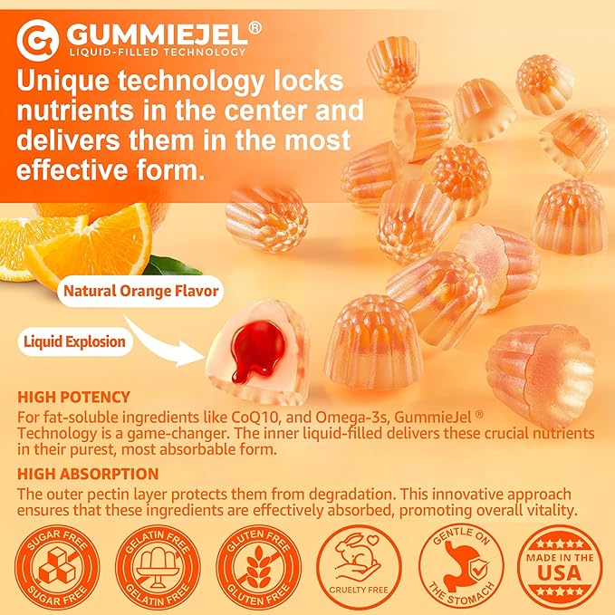 Sugar-Free CoQ10-250mg / 500mg Filled Gummies - Plus Omega-3, EPA + DHA, B3 & Zinc - Ultra Co Q-10 Supplements for Hear-t Health, Cellular Energy, Antioxidant Support, Up to 60 Day Supply, Vegan 60Cts