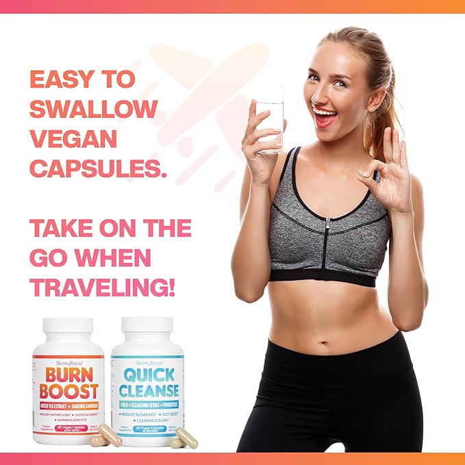 SkinnyBoost Quick Cleanse and Green Tea Vegan Capsules Kit- 60 Ct/Bottle-Reduce Bloating, Colon Cleanse, Gut Reset, Weight Support- Made in The USA (120 Capsules)