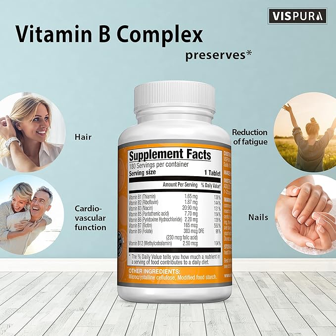 Vitamin B-Complex, 180 Vegan Tablets, All B12, B1, B1, B2, B2, B3, B3, B5, B5, B6, B6, B7, B7, B9, B9, Folic