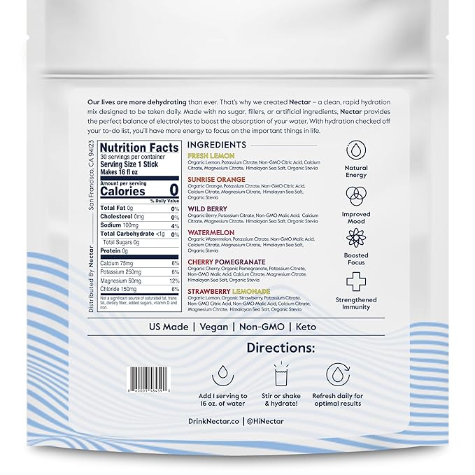 Nectar Hydration Packets - Electrolytes Powder Packets - Sugar Free & 0 Calorie - Organic Fruit Liquid Daily IV Hydrate Packets for Dehydration Relief and Rehydration (Variety 30 Pack)