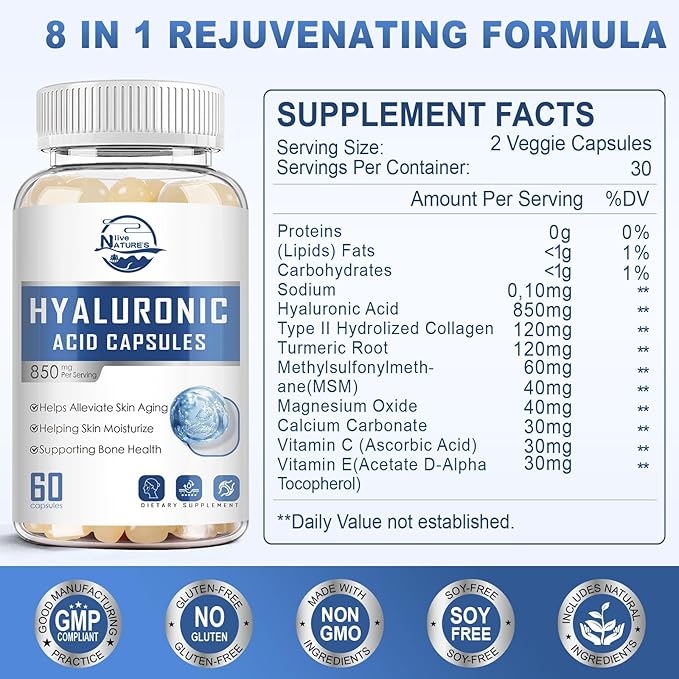 Hyaluronic Acid Supplements, 850mg High Bioavailable Hyaluronic Acid Capsules, Skin Hydration, Hair & Nails Support, 60 Softgels, 1 Pack