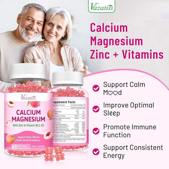 Calcium Magnesium Zinc Gummies with Vitamin D3 & B12, Sugar